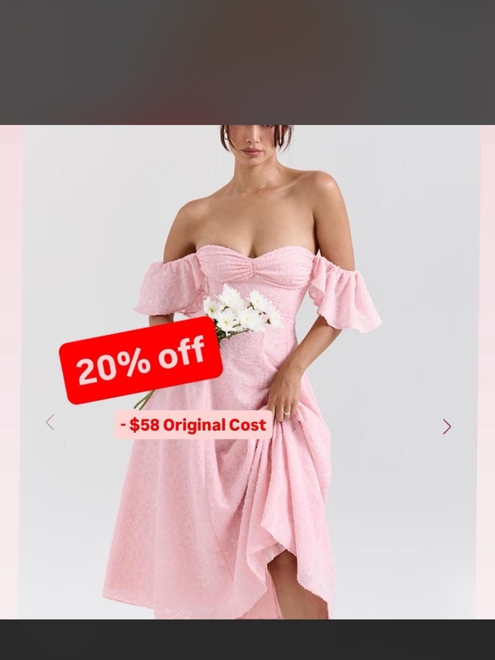 house of cb Off-Shoulder Pink Textured Midi Dress with Flutter Sleeves